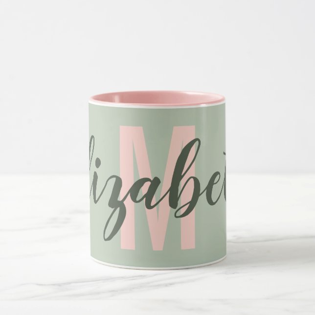 Taza Monograma rosa Rubor verde ligero y simple (Centro)