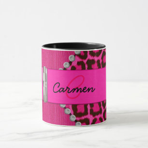 Taza Monograma rosado de moda del leopardo y de la