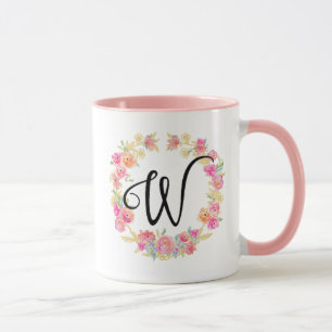 Taza Monograma rosado lindo (W) Flor correa de flores
