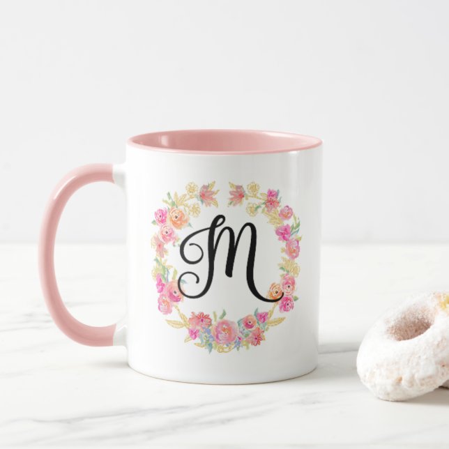 Taza Monograma rosado (M) Flor Barniz (Con donut)