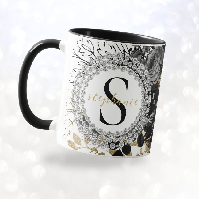 Taza Monograma Rosas de oro negro Diamantes Lujo Estili (mockup view)