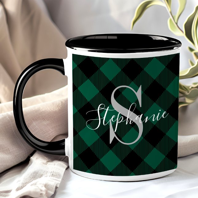 Taza Monograma rústico de cuadros búfalo verde (Subido por el creador)