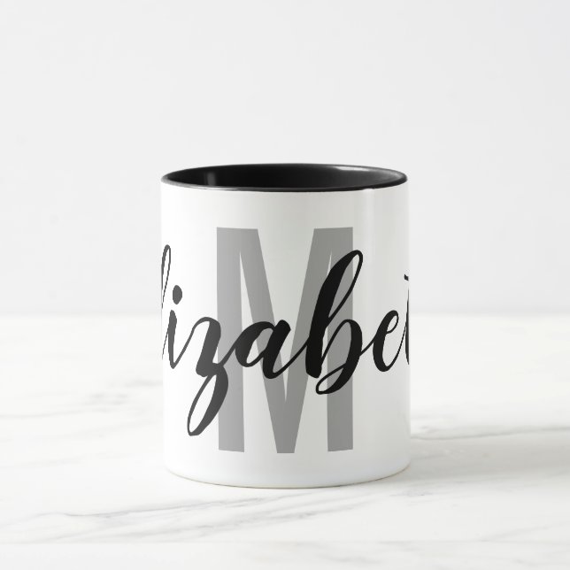 Taza Monograma simple de escritura gris de mano negra (Centro)
