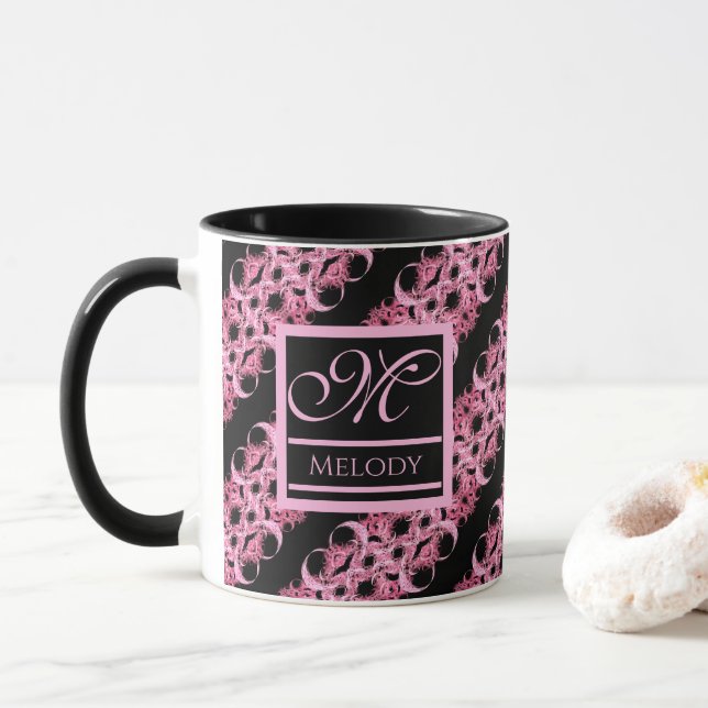 Taza Monograma Sobre Rosa Fractal Y Negro (Con donut)