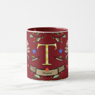 Taza Monograma "T" de Navidades retro curados con nombr