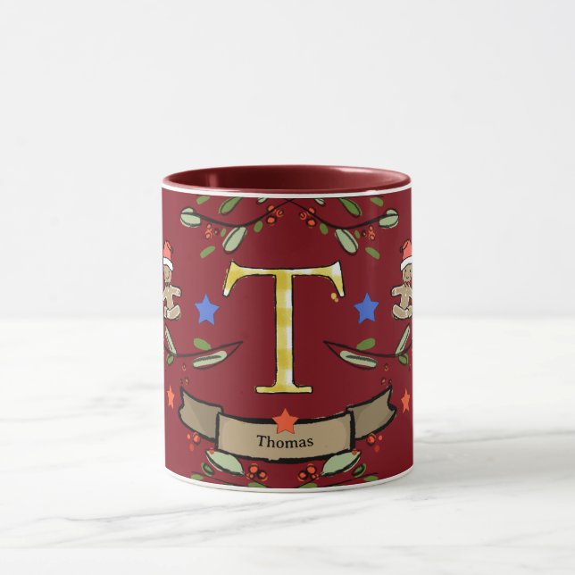 Taza Monograma "T" de Navidades retro curados con nombr (Centro)
