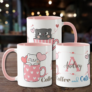 Taza Monograma temático de café y gatos personalizado