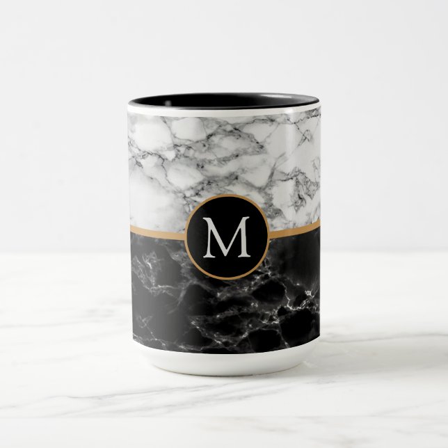 Taza Monograma Tu Letra Black Marble White Mug Gift (Centro)