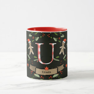 Taza Monograma "U" de Navidades retro curados con nombr