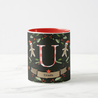 Taza Monograma "U" de Navidades retro curados con nombr