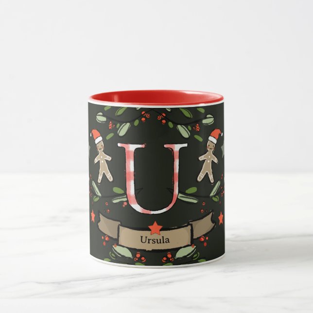 Taza Monograma "U" de Navidades retro curados con nombr (Centro)