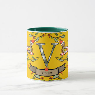 Taza Monograma "V" de Navidades retro curados con nombr