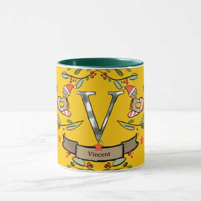 Taza Monograma "V" de Navidades retro curados con nombr (Centro)