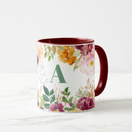 Taza Monograma verde elegante de color de agua floral