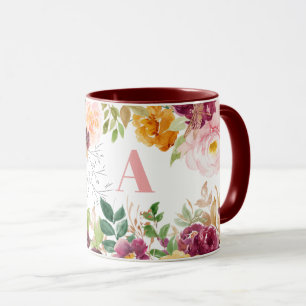Taza Monograma verde elegante y clásico de acuarela flo