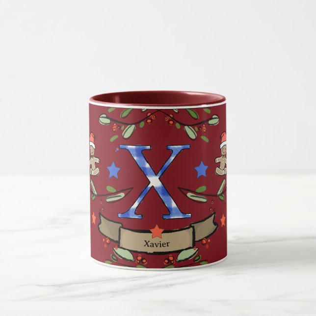 Taza Monograma "X" de Navidades retro curados con nombr (Centro)