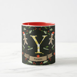 Taza Monograma "Y" de Navidades retro curados con nombr