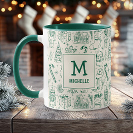 Taza Monograma y nombre de Navidades verdes