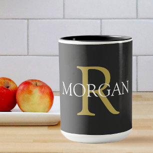 Taza Monograma y nombre, texto negro, dorado y blanco