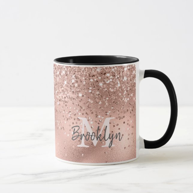 Taza Monogramado Confetti, Purpurina de oro Rosa modern (Derecha)