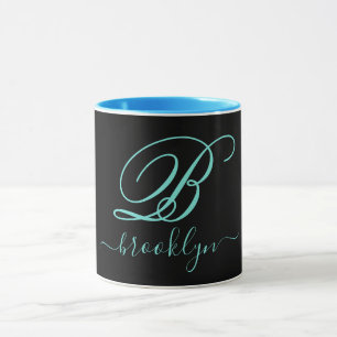 Taza Monogramado moderno de color turquesa negro a mano