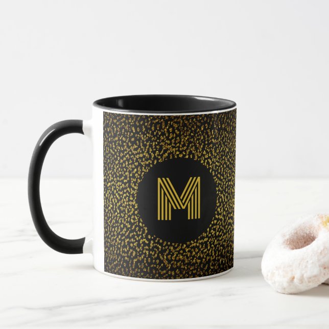 Taza Monogramado moderno de puntos dorados negro (Con donut)