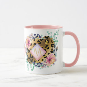 Taza Monogramado rosa rosado de bonito Girly Leopard Pr