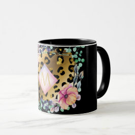 Taza Monogramado rosa rosado de bonito Girly Leopard Pr