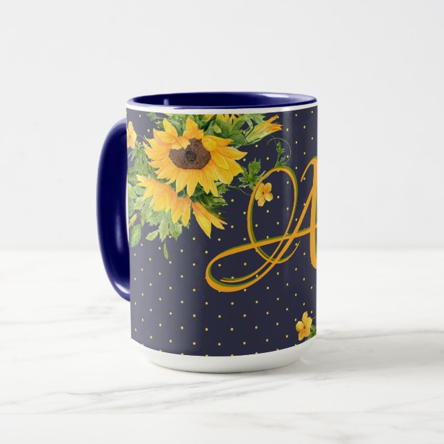 Taza Monogramado Sunflowers Navy decoración azul amaril (Anverso izquierdo)