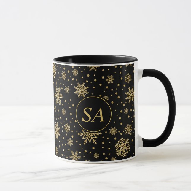 Taza Monogramaje Feliz Navidad Copos de nieve dorados (Derecha)