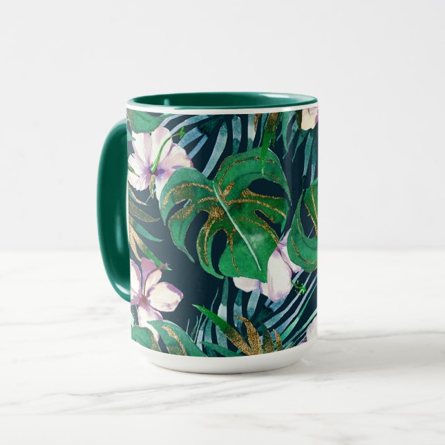 Taza Monstruo de oro de Lilac verde tropical deja flore (Anverso izquierdo)