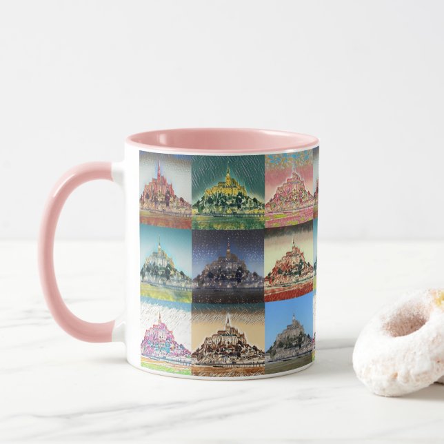 Taza Mont Saint Michel, Normandía, Collage de Francia (Con donut)