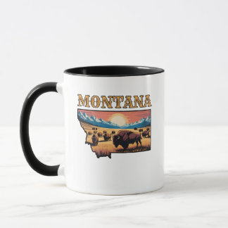 Taza Montana State Outline Tattoo Bison & Mountains 