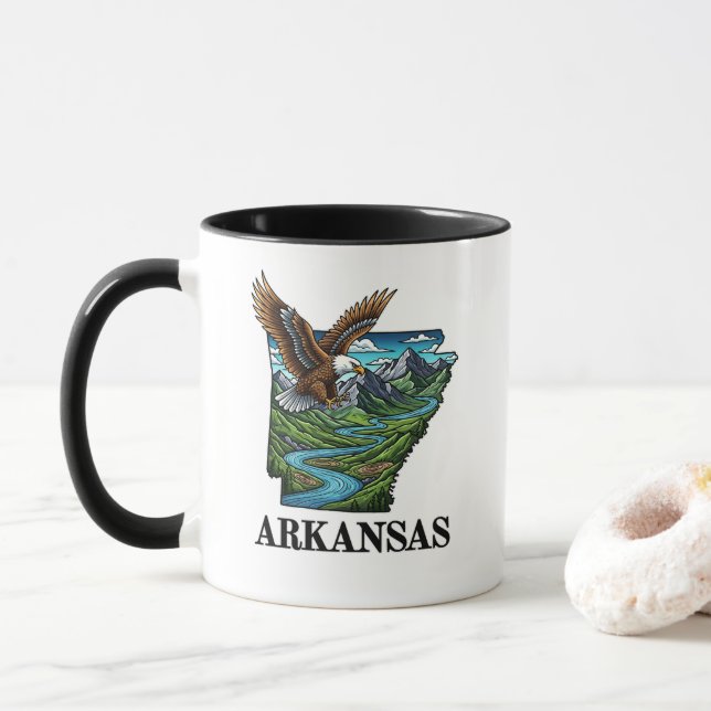 Taza Montañas del águila calva estilo tatuaje del estad (Con donut)