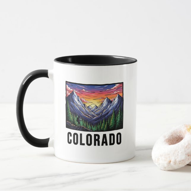 Taza Montañas rocosas estilo tatuaje del estado de Colo (Con donut)