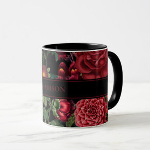 Taza Moody Florals Monograma negro y borgoña