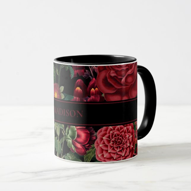 Taza Moody Florals Monograma negro y borgoña (Anverso derecho)