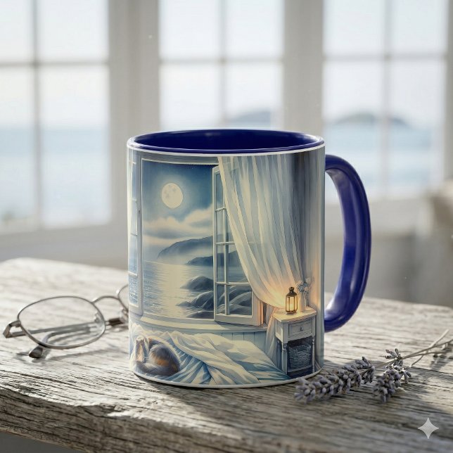 Taza Moonlit Coastal Bedroom with Sleeping Cat (Moonlit Coastal Bedroom with Sleeping Cat Mug)