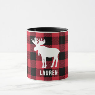 Taza Moose blanco con nombre Búfalo rojo Check Mug