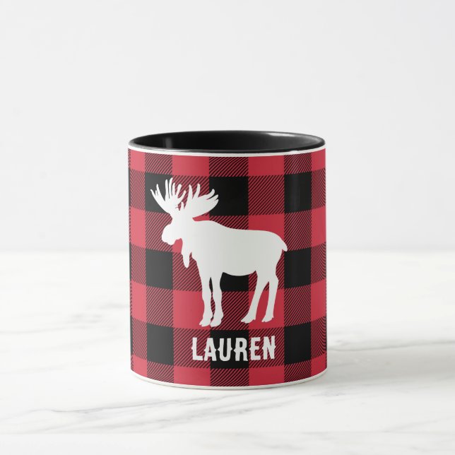 Taza Moose blanco con nombre Búfalo rojo Check Mug (Centro)