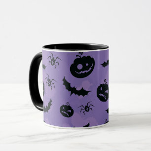 Taza Morada de Halloween de Murciélagos y Arañas