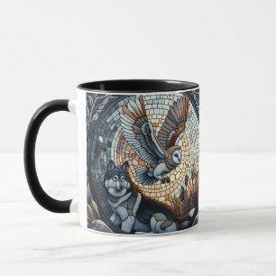 Taza Mosaico de búho y lobo Naturaleza Arte de IA