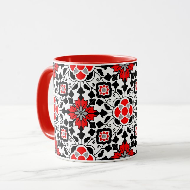 Taza Mosaico floral marroquí, rojo profundo, negro y bl (Anverso izquierdo)