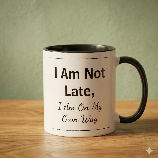 Taza Motivational Quote Coffee Mug (Custom text ceramic mug with black handle. The text reads "I am not late, I am on my own way")