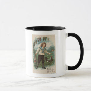 Taza Muchacho con la cesta del huevo de Pascua que