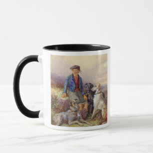 Taza Muchacho escocés con los wolfhounds en un landsca