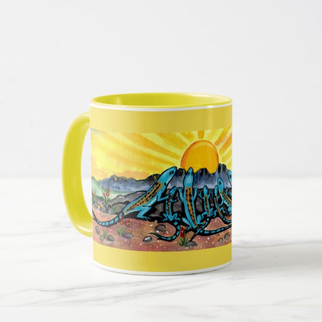 Taza Mug Amarillo Sunny, Lizard Azul viendo amanecer (Anverso izquierdo)