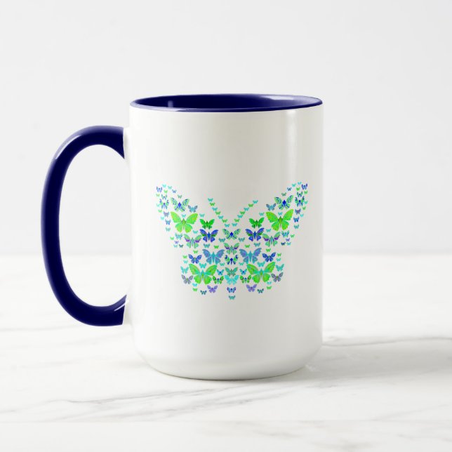 Taza Mug Combo azul verde de múltiples mariposas, 15 oz (Izquierda)