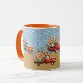 Taza Mug con camiones y flores rojas