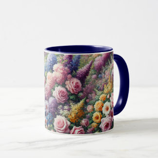 Taza Mug con flores moradas, rosas y amarillas suaves